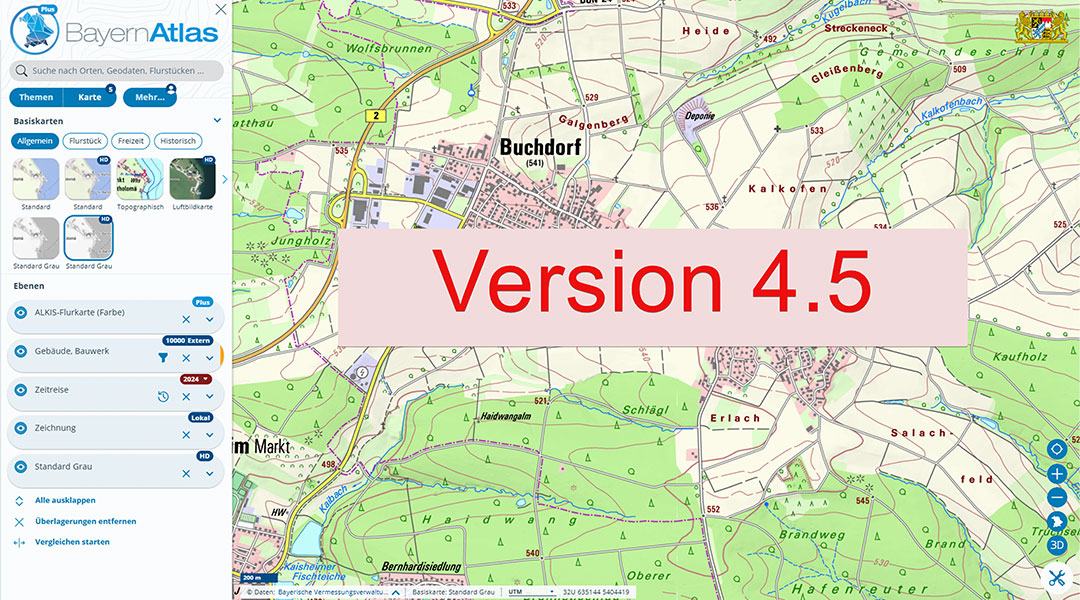 Ein Kartenausschnitt im BayernAtlas, darauf die Beschriftung Version 4.5